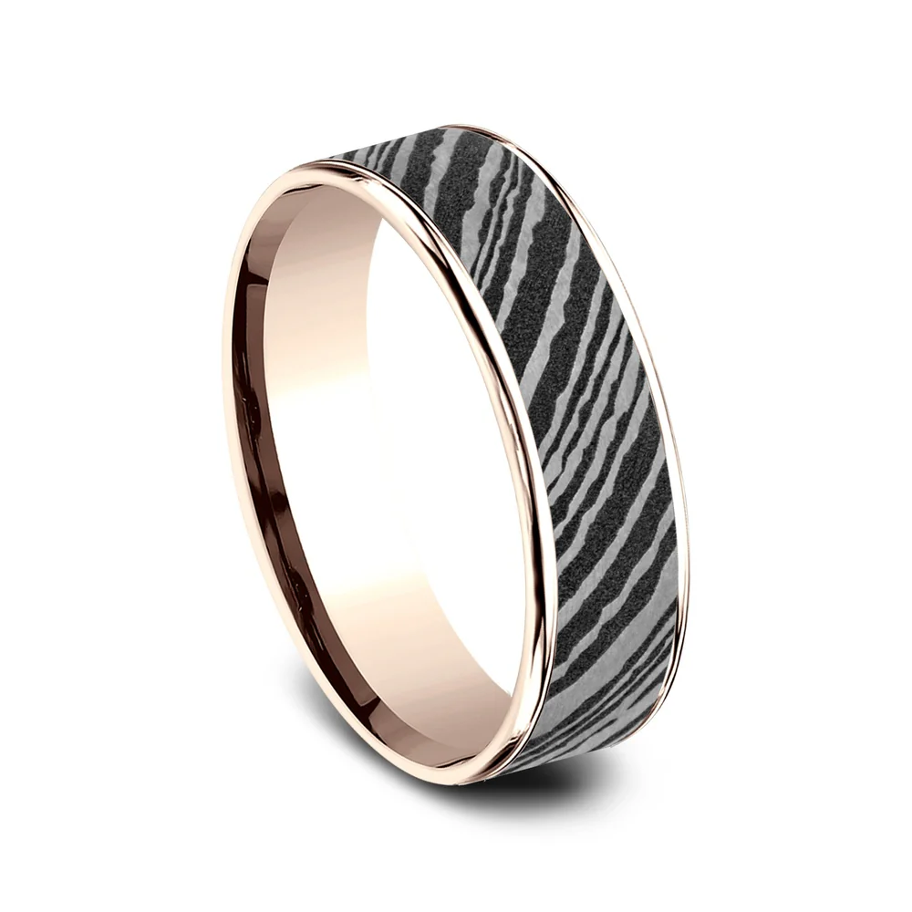 The Bowie Men's Wedding Band in 14K Rose Gold and Damascus Steel - 6.5mm Width by Ammara Stone - Image 2