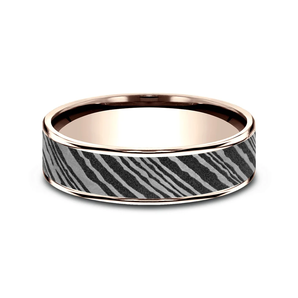The Bowie Men's Wedding Band in 14K Rose Gold and Damascus Steel - 6.5mm Width by Ammara Stone - Image 3