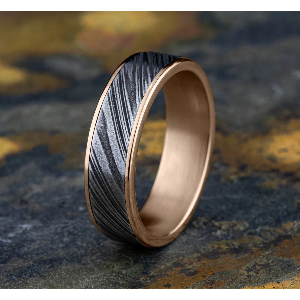 The Bowie Men's Wedding Band in 14K Rose Gold and Damascus Steel - 6.5mm Width by Ammara Stone - Image 4