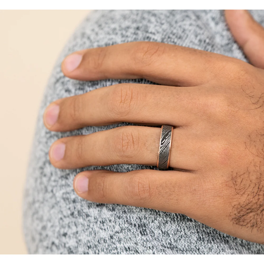 The Bowie Men's Wedding Band in 14K Rose Gold and Damascus Steel - 6.5mm Width by Ammara Stone - Image 5