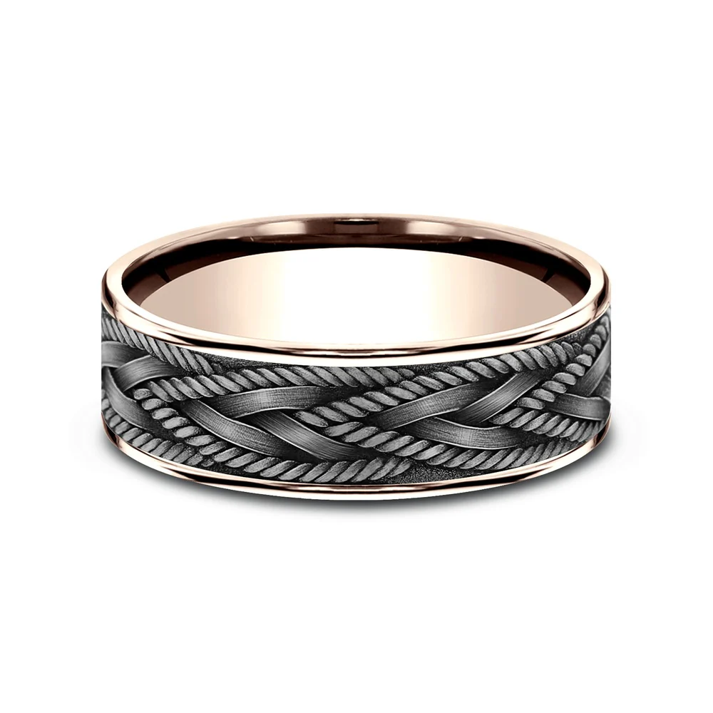 The Braid Men's Wedding Band in 14K Rose Gold and Grey Tantalum - 7.5mm Width by Ammara Stone - Image 3