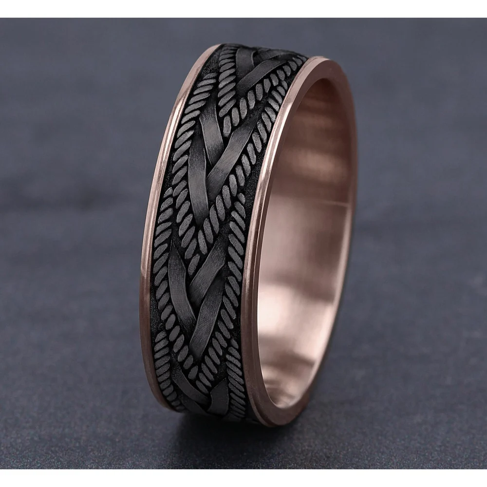 The Braid Men's Wedding Band in 14K Rose Gold and Grey Tantalum - 7.5mm Width by Ammara Stone - Image 4