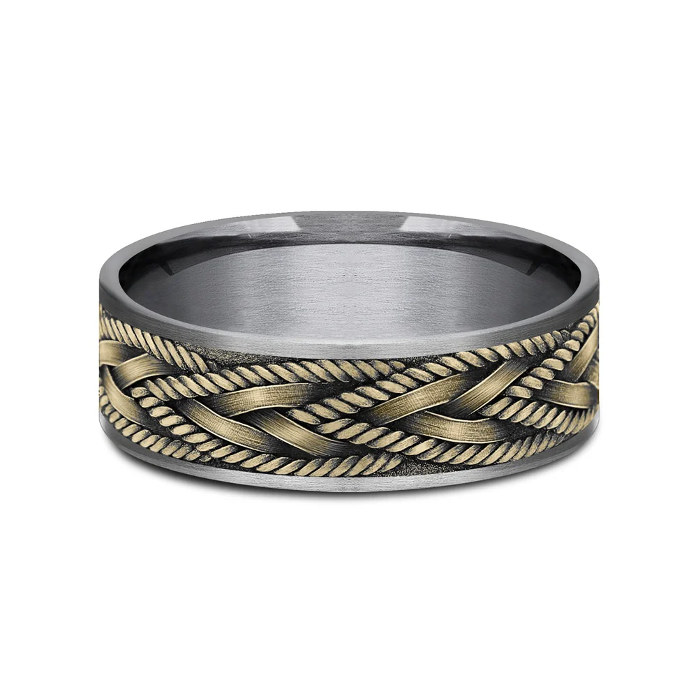 The Braid Men's Wedding Band in Grey Tantalum and 14K Yellow Gold - 7.5mm Width by Ammara Stone - Image 3