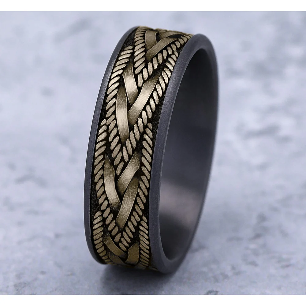 The Braid Men's Wedding Band in Grey Tantalum and 14K Yellow Gold - 7.5mm Width by Ammara Stone - Image 4