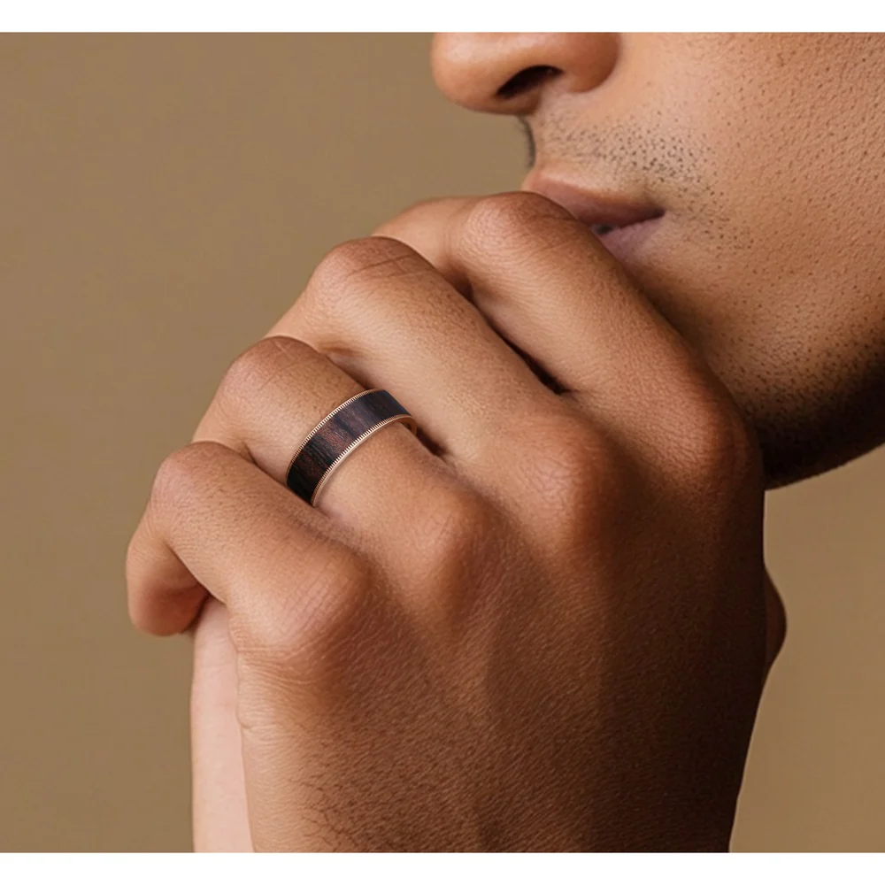 The Briarwood Men's Wedding Band in 14K Rose Gold and Wood - 7.5mm Width by Brook and Branch - Image 5
