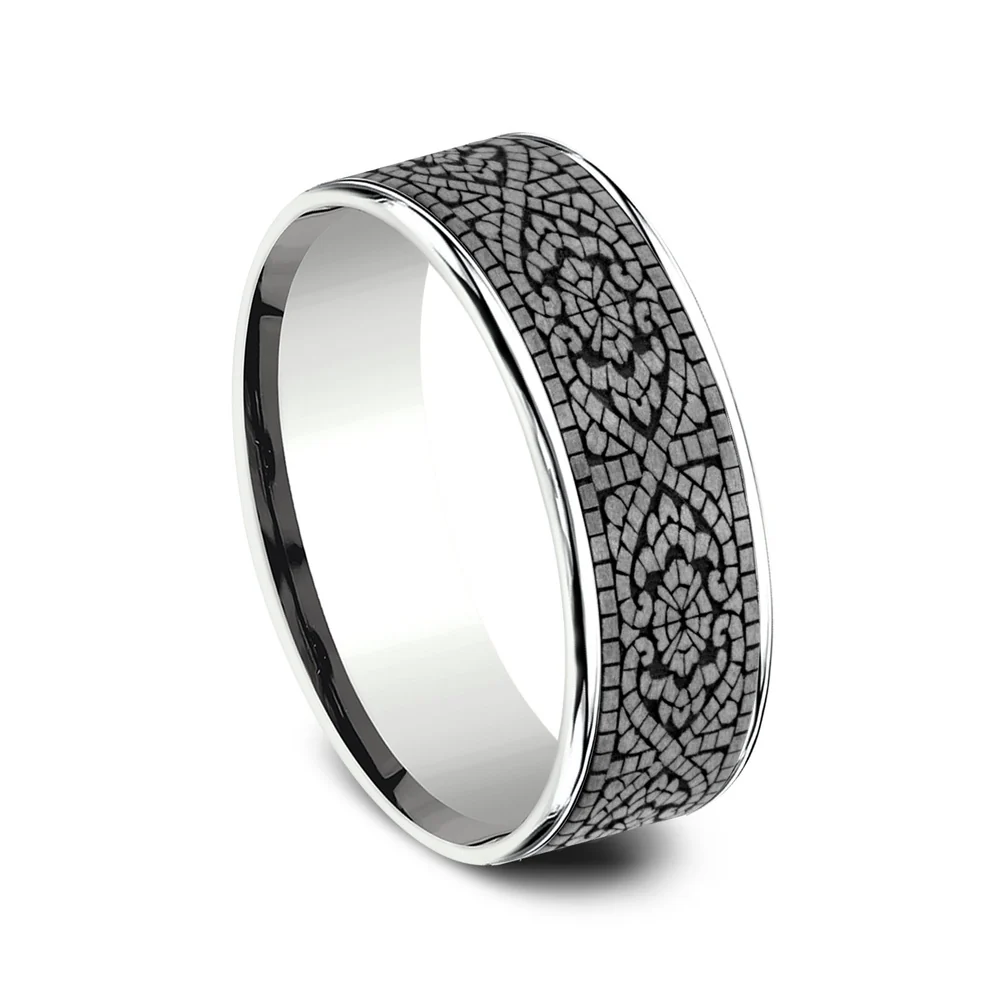 The Burano Men's Wedding Band in 14K White Gold and Grey Tantalum - 7.5mm Width by Ammara Stone - Image 2