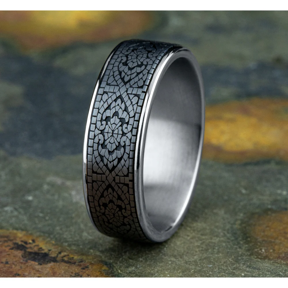 The Burano Men's Wedding Band in 14K White Gold and Grey Tantalum - 7.5mm Width by Ammara Stone - Image 4