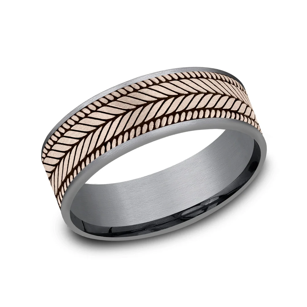 The Caprio Men's Wedding Band in Grey Tantalum and 14K Rose Gold - 7.5mm Width by Ammara Stone