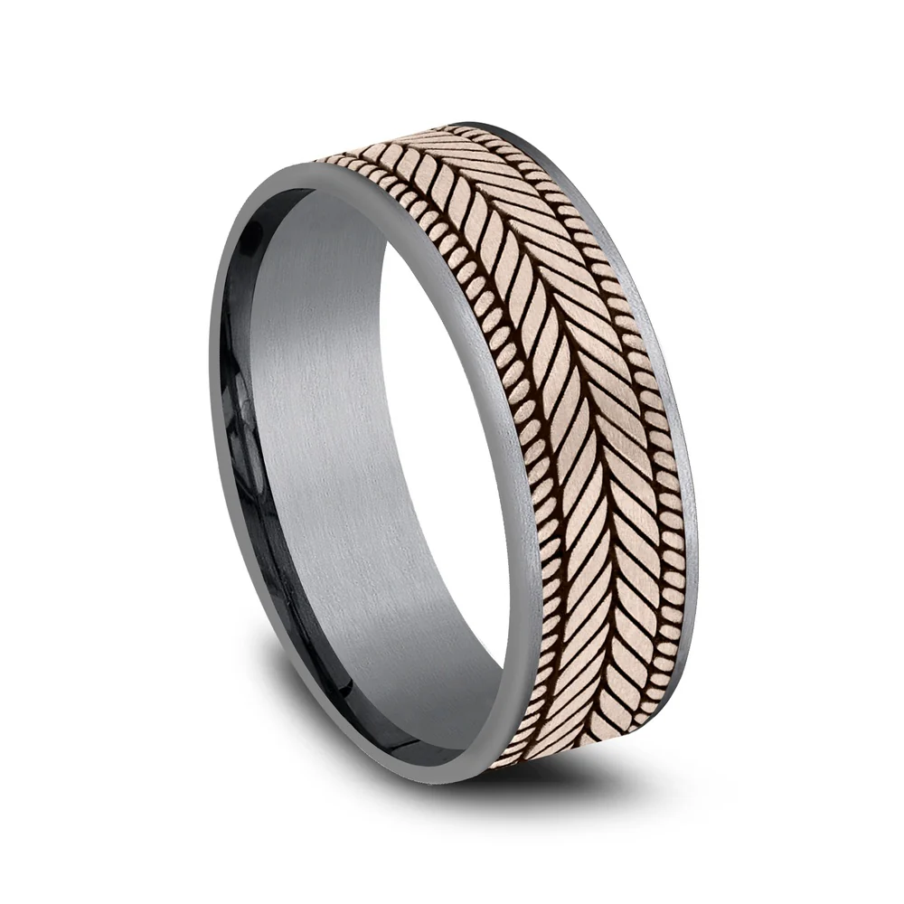 The Caprio Men's Wedding Band in Grey Tantalum and 14K Rose Gold - 7.5mm Width by Ammara Stone - Image 2