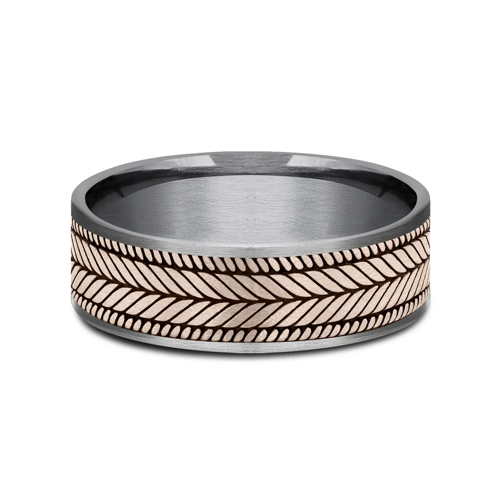 The Caprio Men's Wedding Band in Grey Tantalum and 14K Rose Gold - 7.5mm Width by Ammara Stone - Image 3