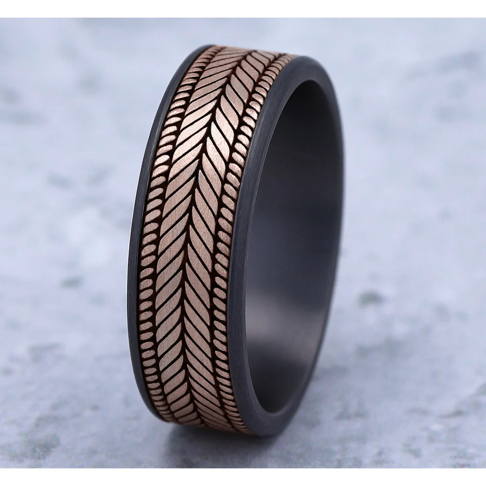 The Caprio Men's Wedding Band in Grey Tantalum and 14K Rose Gold - 7.5mm Width by Ammara Stone - Image 4