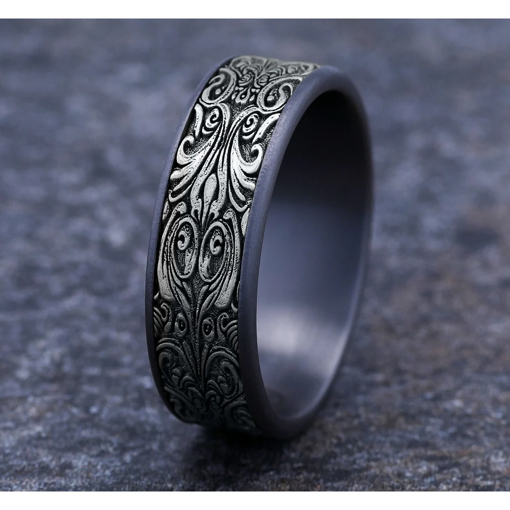 The Carver Men's Wedding Band in Grey Tantalum and 14K White Gold - 7.5mm Width by Ammara Stone - Image 4