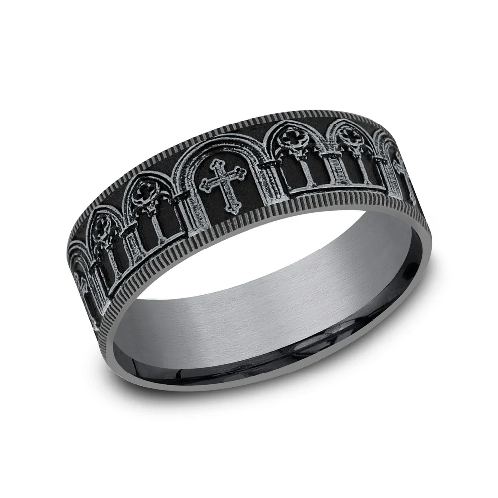 The Cathedral Men's Wedding Band in Grey Tantalum and 14K White Gold - 7.5mm Width by Ammara Stone