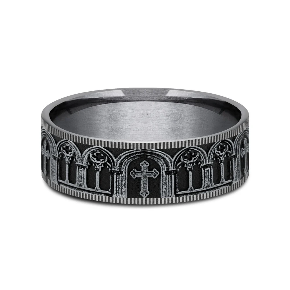 The Cathedral Men's Wedding Band in Grey Tantalum and 14K White Gold - 7.5mm Width by Ammara Stone - Image 3