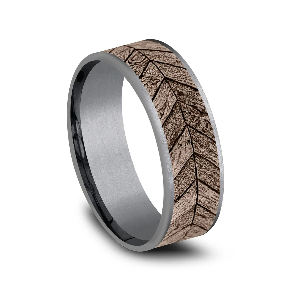 The Chevron Men's Wedding Band in Grey Tantalum and 14K Rose Gold - 7.5mm Width by Brook and Branch - Image 2