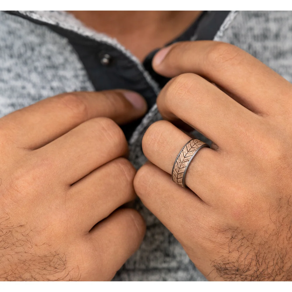 The Chevron Men's Wedding Band in Grey Tantalum and 14K Rose Gold - 7.5mm Width by Brook and Branch - Image 5