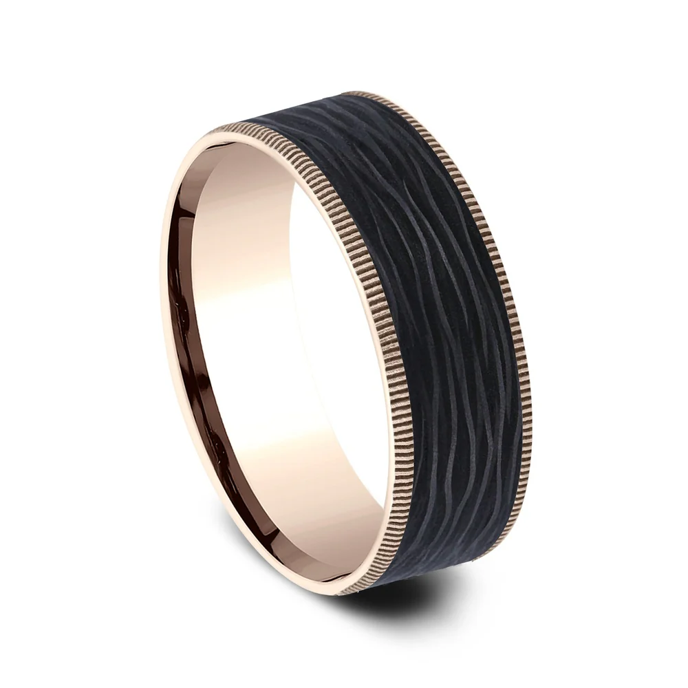 The Cinder Men's Wedding Band in 14K Rose Gold and Forged Carbon Fiber - 7.5mm Width by Ammara Stone - Image 2