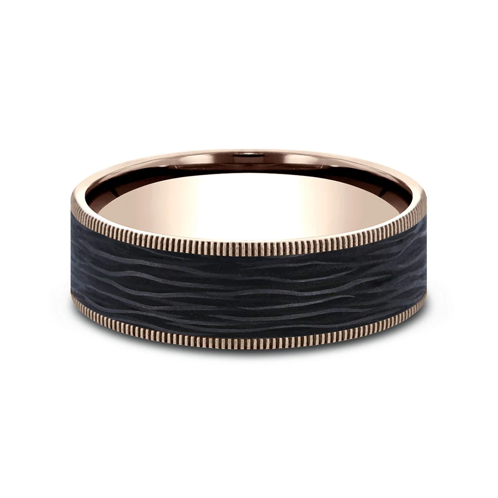 The Cinder Men's Wedding Band in 14K Rose Gold and Forged Carbon Fiber - 7.5mm Width by Ammara Stone - Image 3