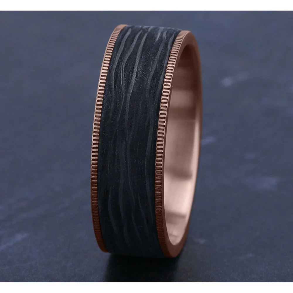 The Cinder Men's Wedding Band in 14K Rose Gold and Forged Carbon Fiber - 7.5mm Width by Ammara Stone - Image 4