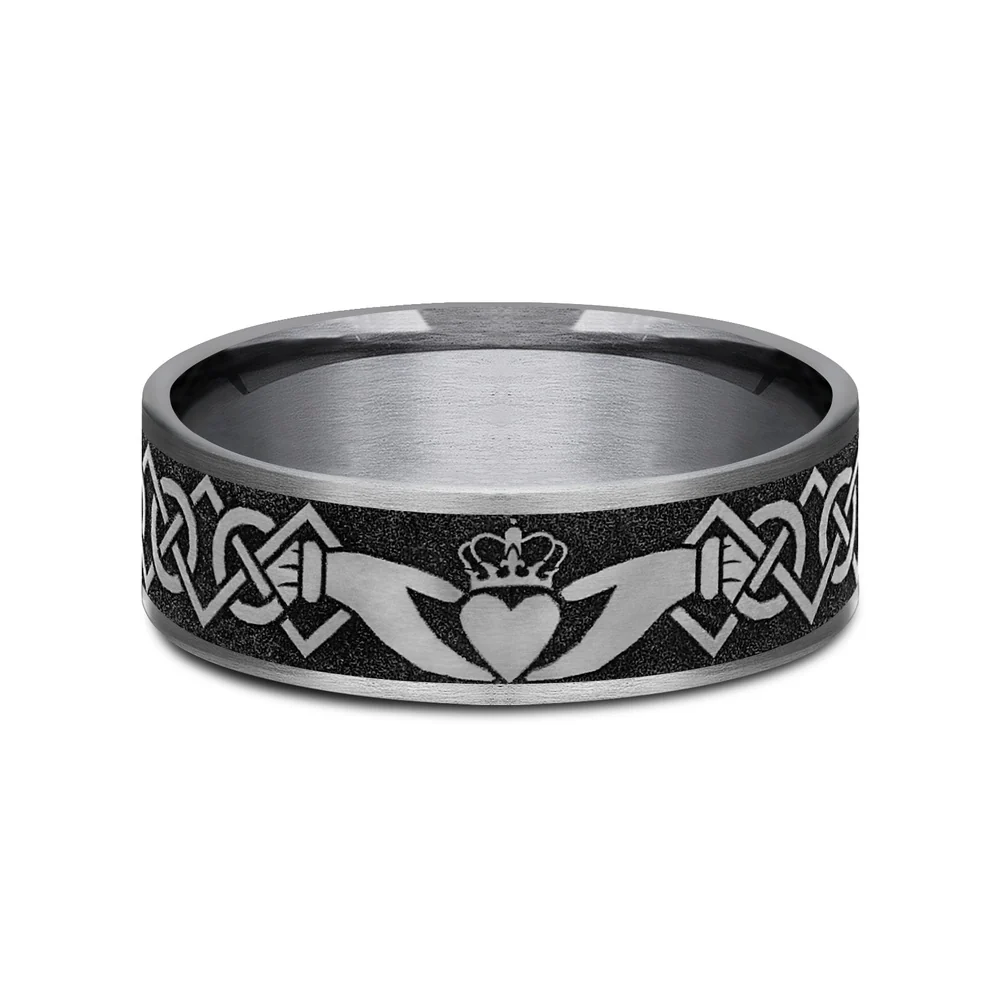 The Claddagh Men's Wedding Band in Grey Tantalum and Grey/Black Titanium - 7.5mm Width by Tantalum - Image 3