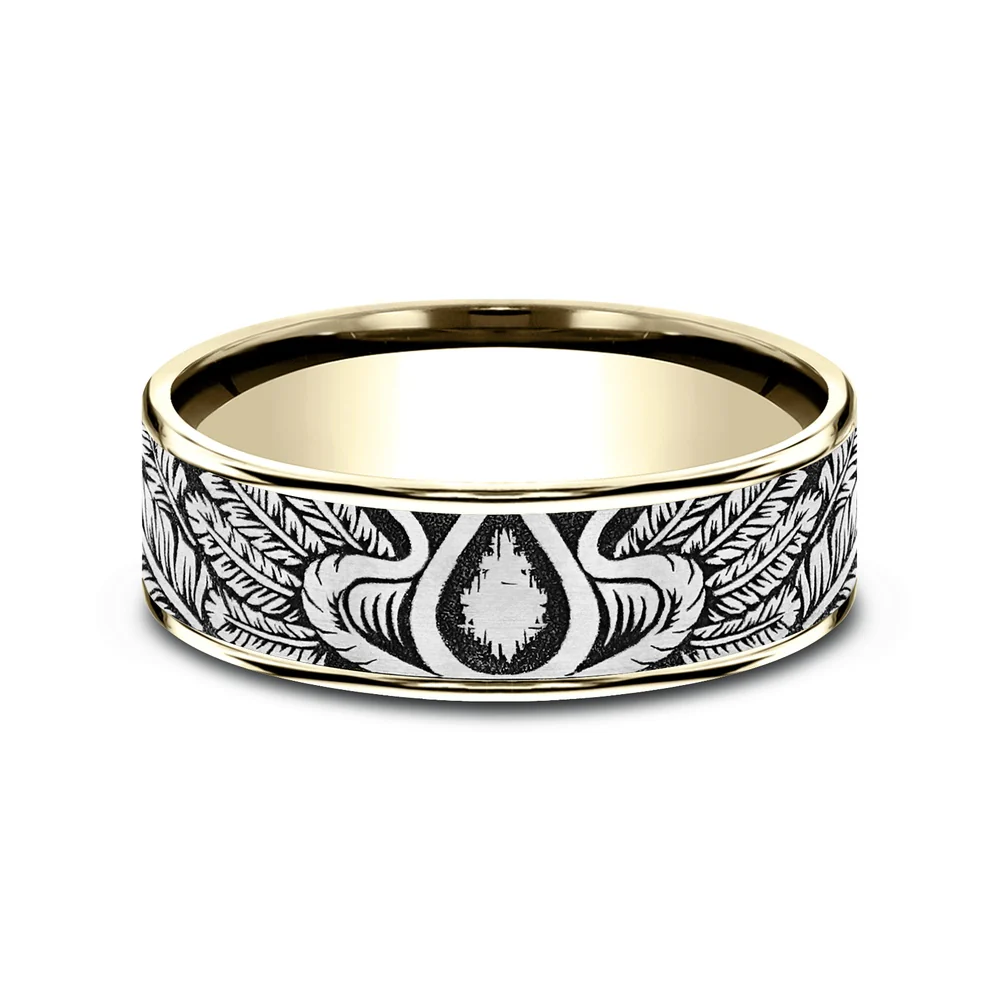 The Comanche Men's Wedding Band in 14K Yellow Gold and Grey/Black Titanium - 7.5mm Width by Ammara Stone - Image 3