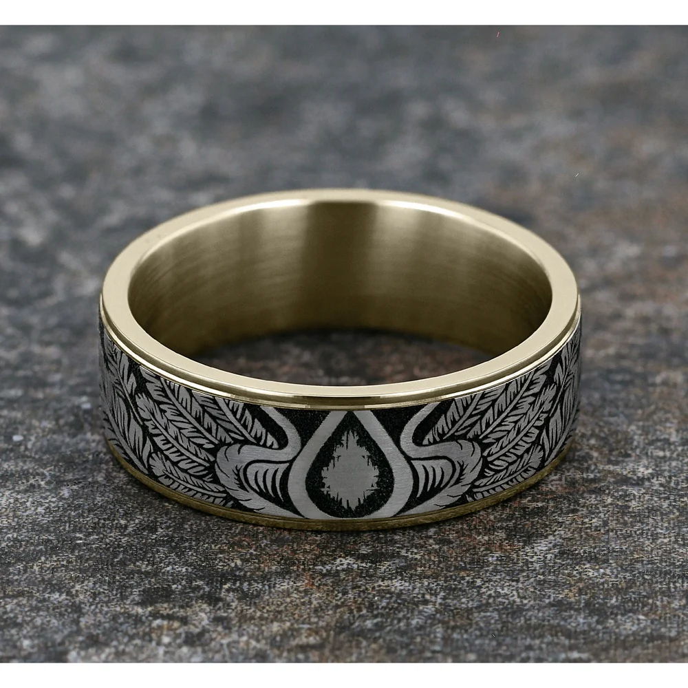 The Comanche Men's Wedding Band in 14K Yellow Gold and Grey/Black Titanium - 7.5mm Width by Ammara Stone - Image 4
