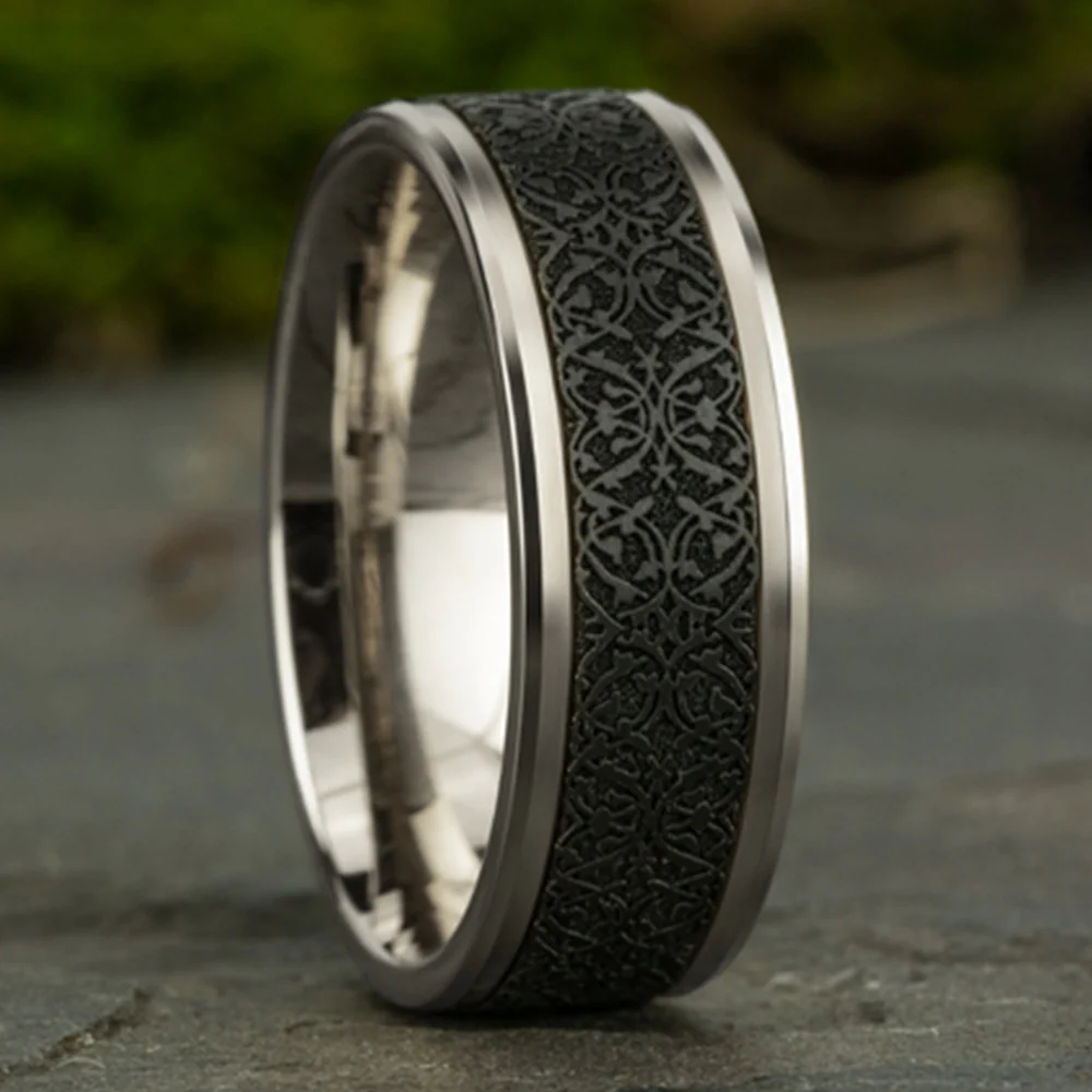 The Conquerer Men's Wedding Band in 14K White Gold and Black Titanium - 8mm Width by Ammara Stone - Image 4