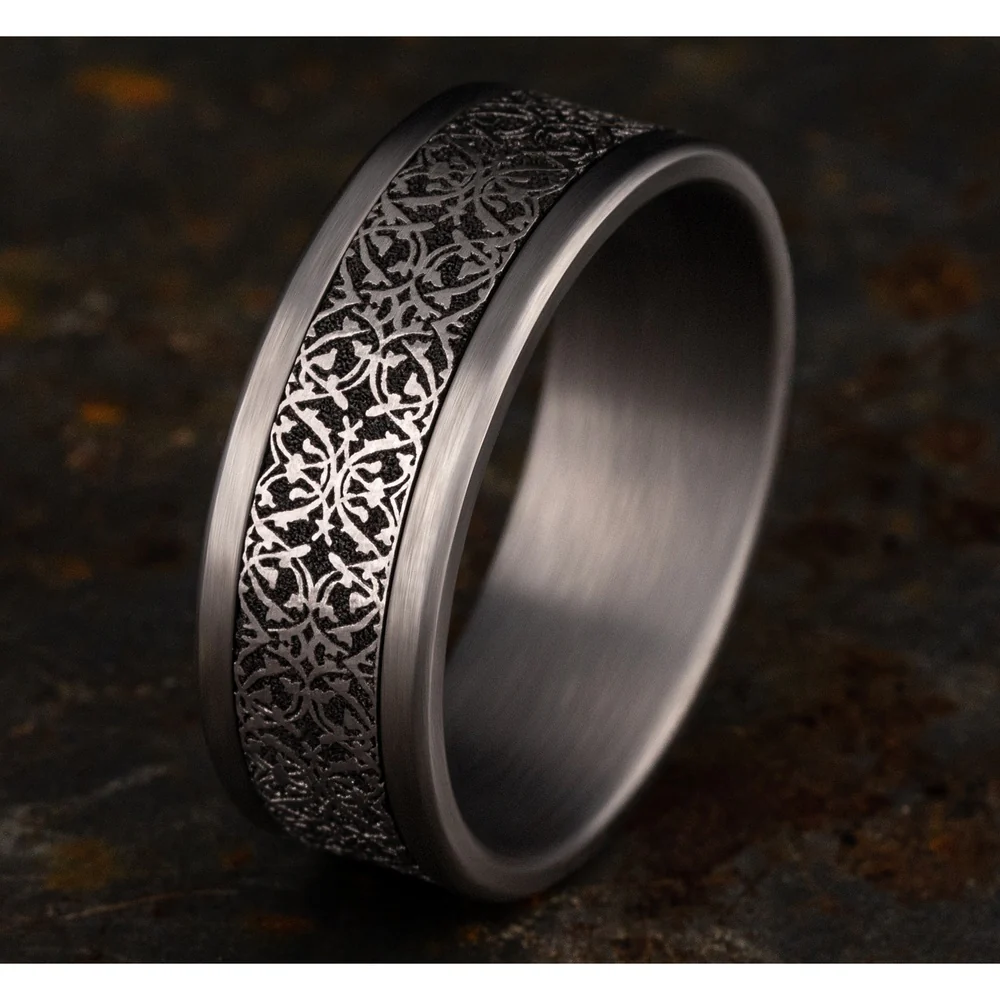 The Conquerer Men's Wedding Band in Grey Tantalum and Grey/Black Titanium - 8mm Width by Tantalum - Image 4