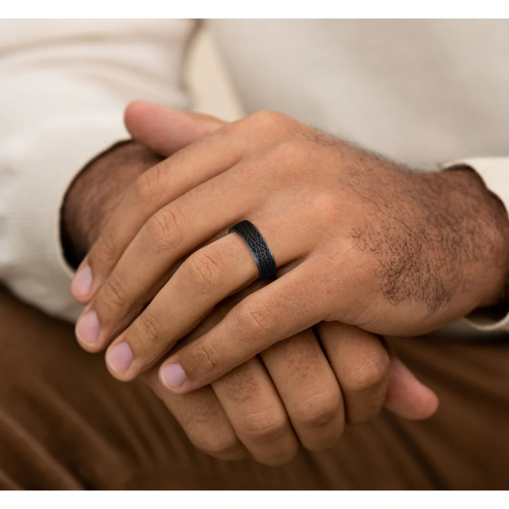 The Coral Men's Wedding Band in Grey Tantalum and Grey/Black Titanium - 7.5mm Width by Brook and Branch - Image 5