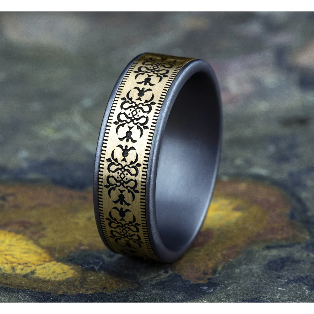 The Cortona Men's Wedding Band in Grey Tantalum and 14K Yellow - 7.5mm Width by Ammara Stone - Image 4