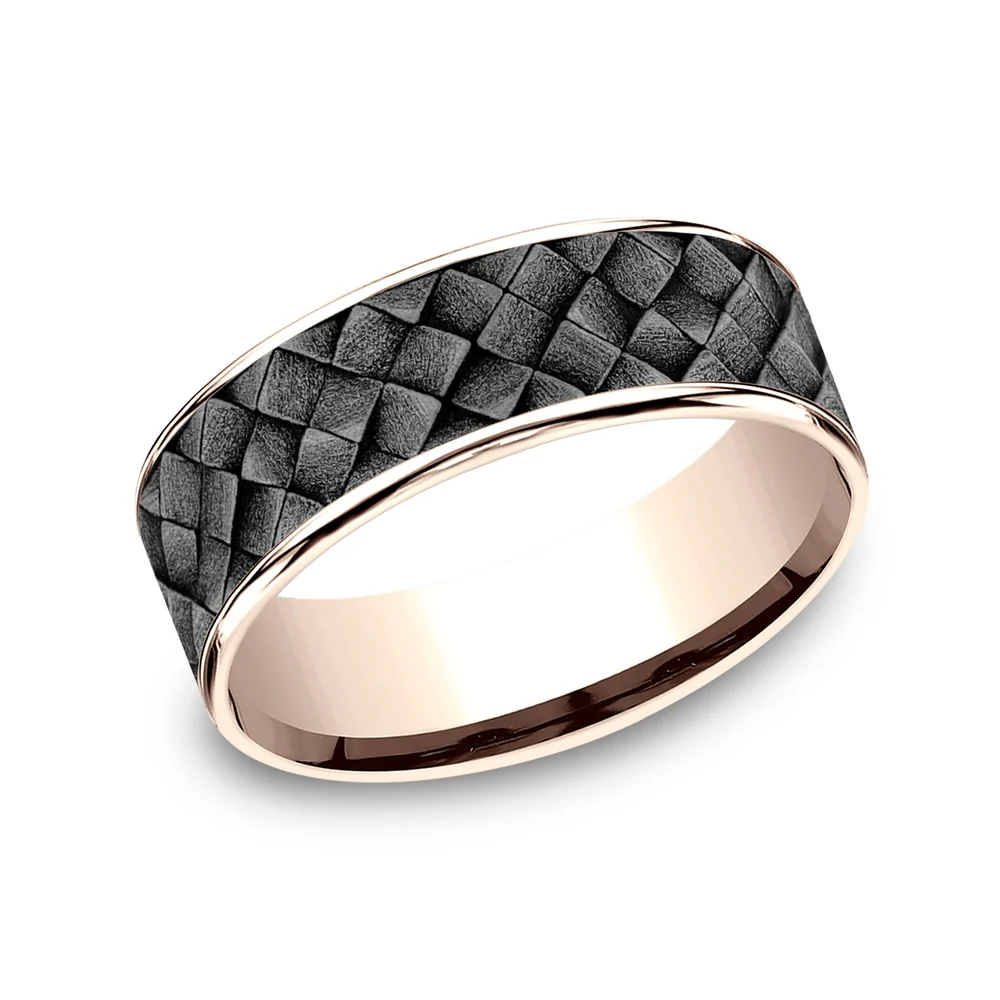 The Cross Hatch Men's Wedding Band in 14K Rose Gold and Grey Tantalum - 7.5mm Width by Ammara Stone