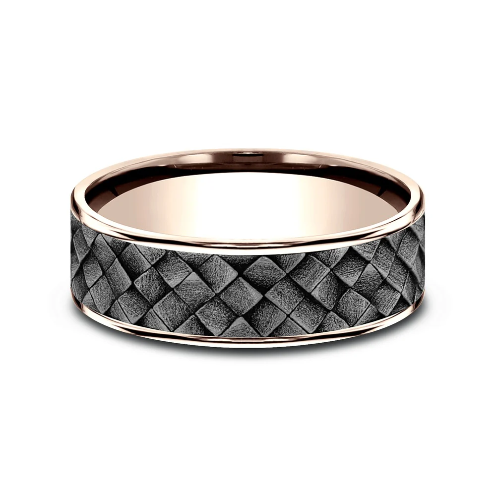 The Cross Hatch Men's Wedding Band in 14K Rose Gold and Grey Tantalum - 7.5mm Width by Ammara Stone - Image 3