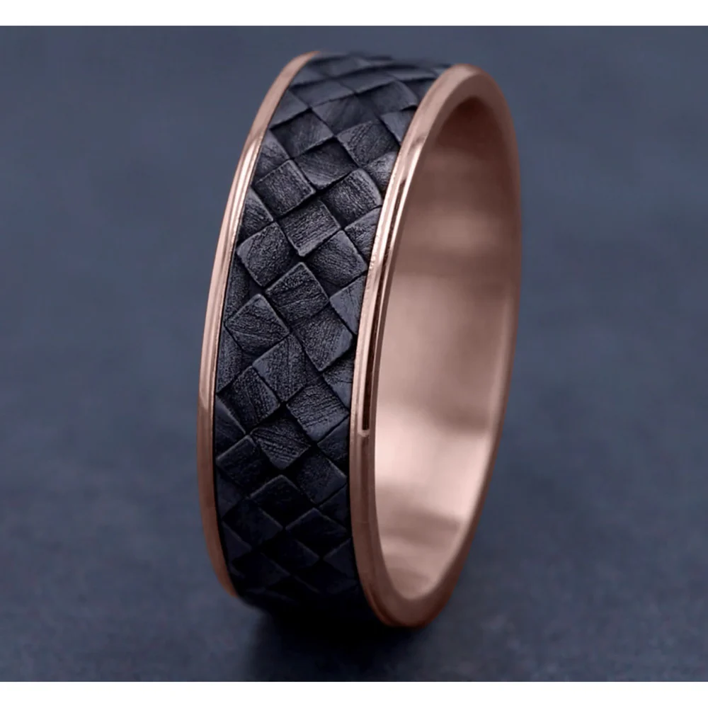 The Cross Hatch Men's Wedding Band in 14K Rose Gold and Grey Tantalum - 7.5mm Width by Ammara Stone - Image 4