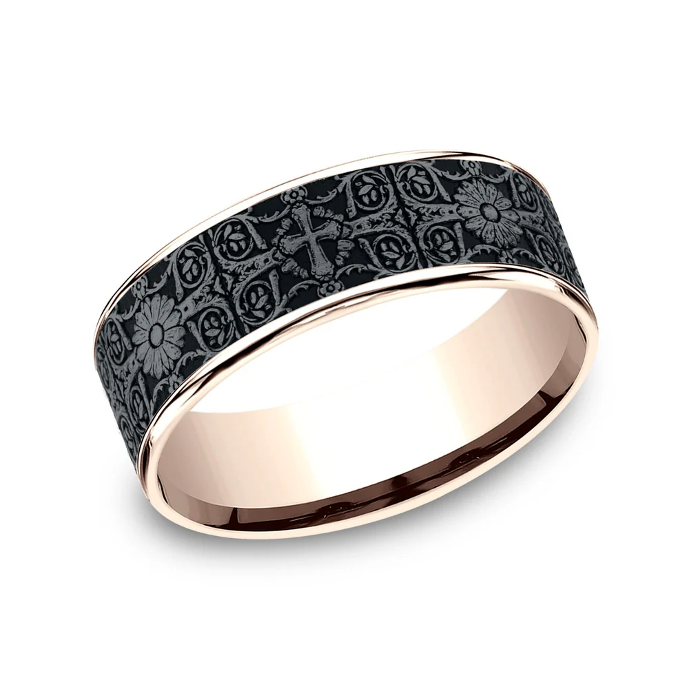 The Cross Tiles Men's Wedding Band in 14K Rose Gold and Grey Tantalum - 7.5mm Width by Ammara Stone