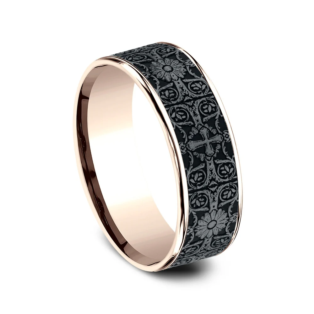 The Cross Tiles Men's Wedding Band in 14K Rose Gold and Grey Tantalum - 7.5mm Width by Ammara Stone - Image 2