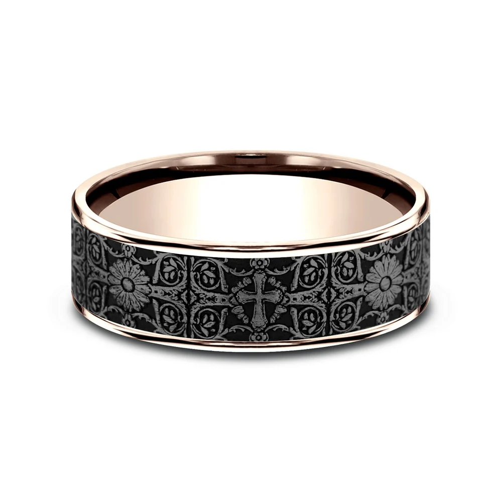 The Cross Tiles Men's Wedding Band in 14K Rose Gold and Grey Tantalum - 7.5mm Width by Ammara Stone - Image 3