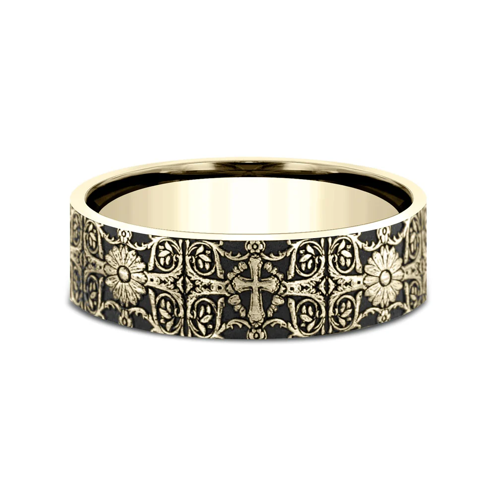 The Cross Tiles Men's Wedding Band in 14K Yellow Gold - 8mm Width by Benchmark - Image 3