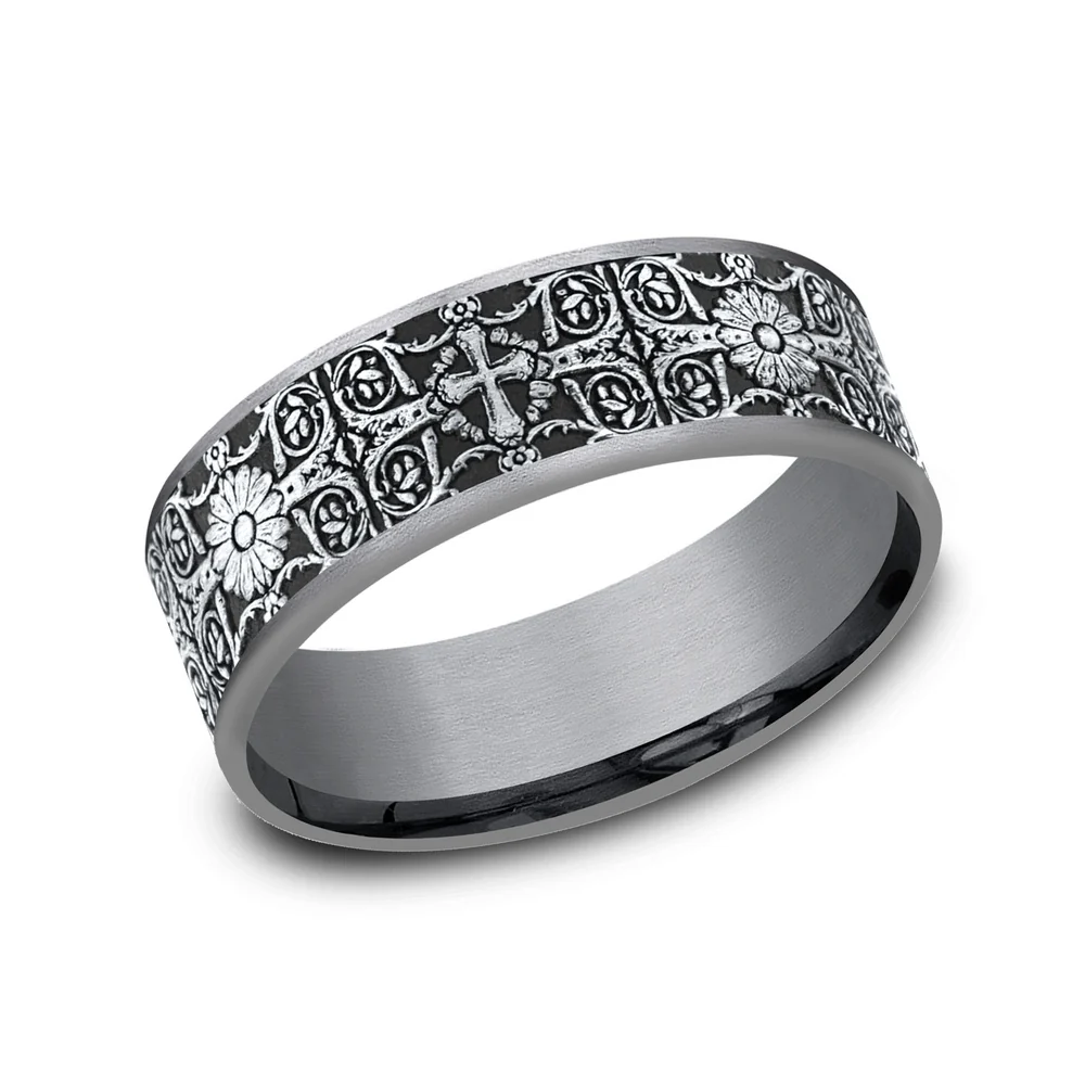 The Cross Tiles Men's Wedding Band in Grey Tantalum and 14K White Gold - 7.5mm Width by Ammara Stone