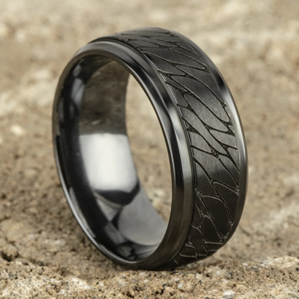 The Dino Men's Wedding Band in Black Titanium - 9mm Width by Forge - Image 4