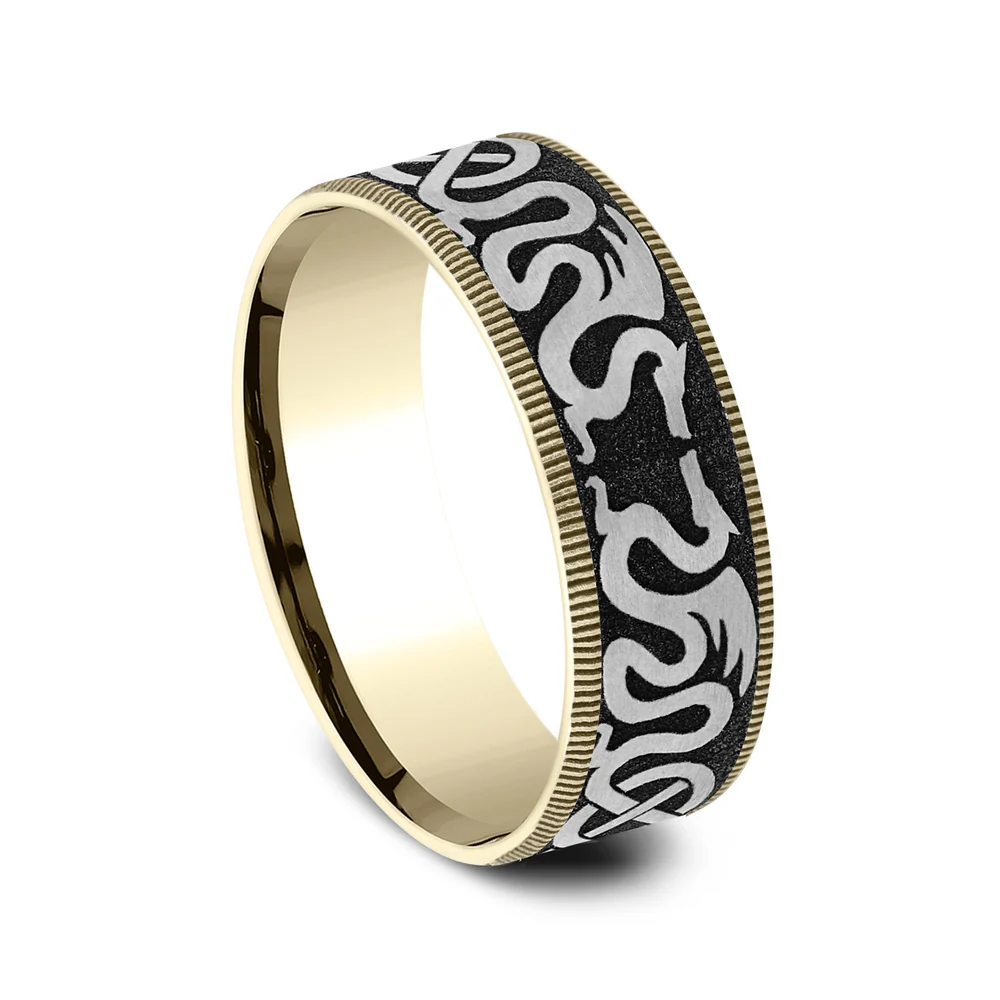 The Dragon Men's Wedding Band in 14K Yellow Gold and Grey-Black Titanium - 7.5mm Width by Ammara Stone - Image 2