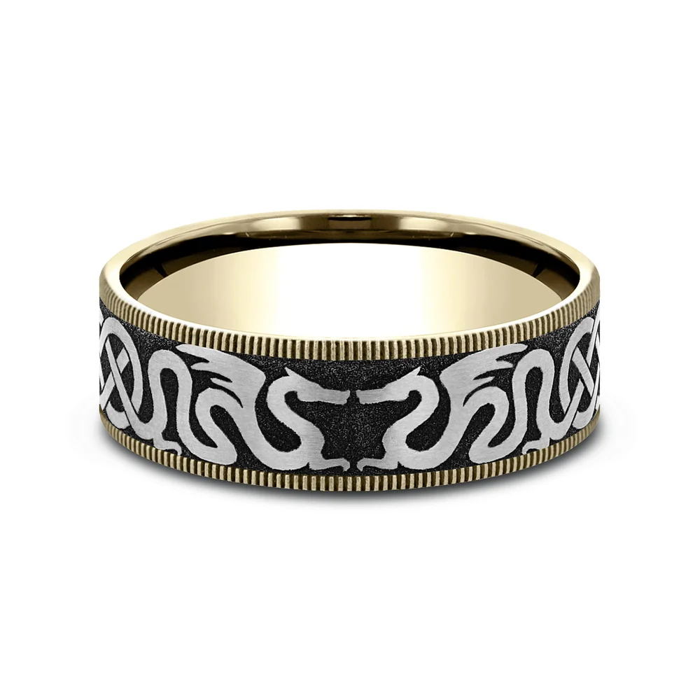 The Dragon Men's Wedding Band in 14K Yellow Gold and Grey-Black Titanium - 7.5mm Width by Ammara Stone - Image 3