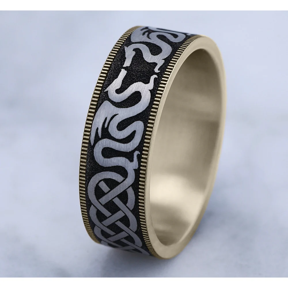 The Dragon Men's Wedding Band in 14K Yellow Gold and Grey-Black Titanium - 7.5mm Width by Ammara Stone - Image 4