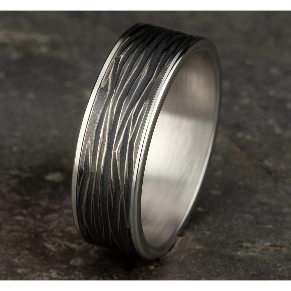 The Dryad Men's Wedding Band in 14K White Gold and Black Titanium - 7.5mm Width by Ammara Stone - Image 4