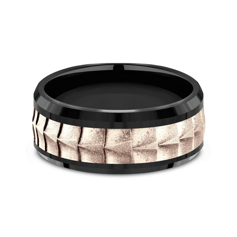 The Dundee Men's Wedding Band in Black Titanium and 14K Rose Gold - 9mm Width by Ammara Stone - Image 3