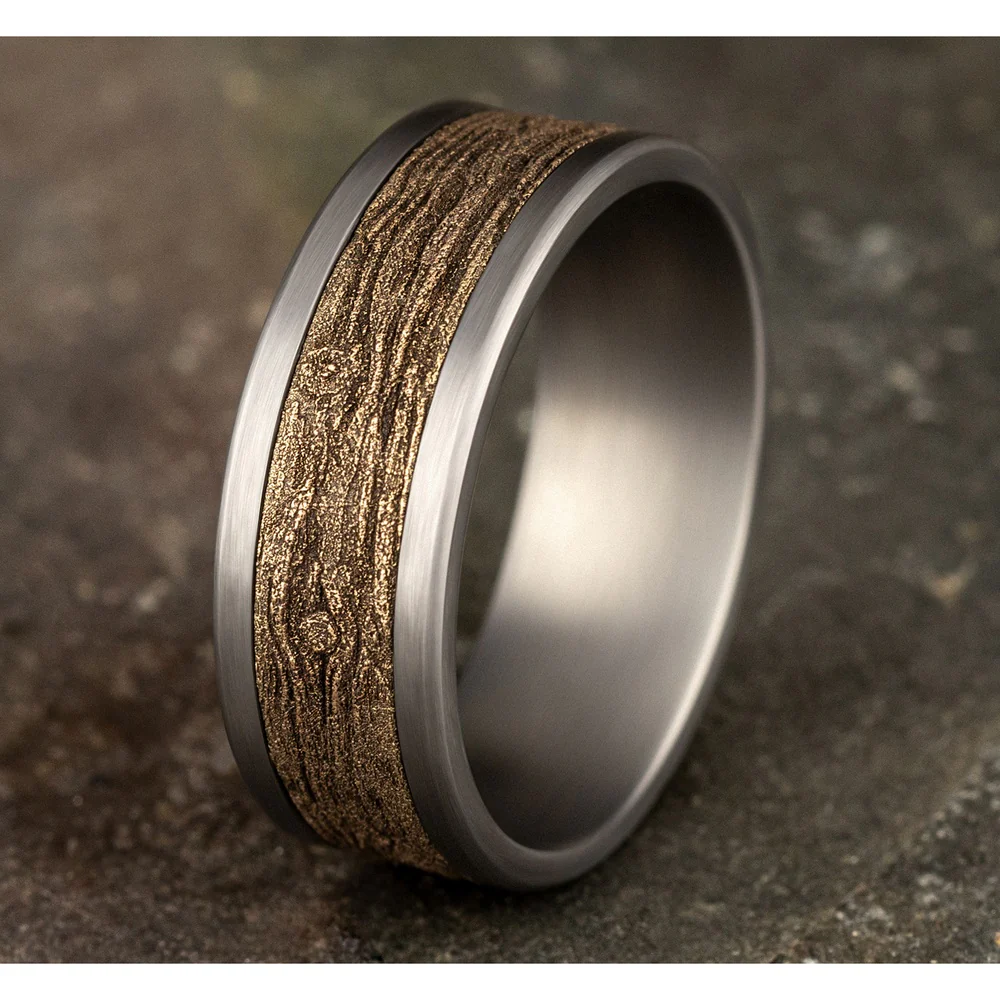 The Elm Men's Wedding Band in Grey Tantalum and 14K Yellow Gold - 8mm Width by Ammara Stone - Image 4