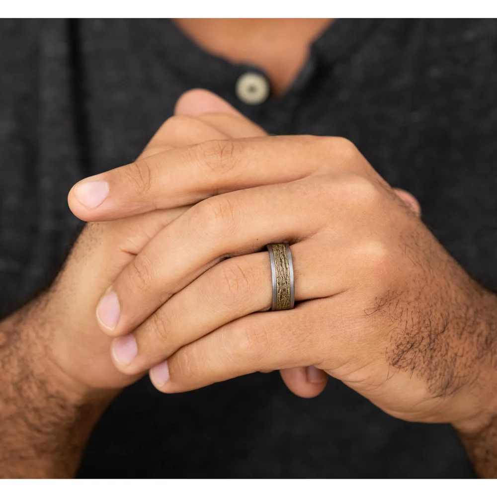 The Elm Men's Wedding Band in Grey Tantalum and 14K Yellow Gold - 8mm Width by Ammara Stone - Image 5