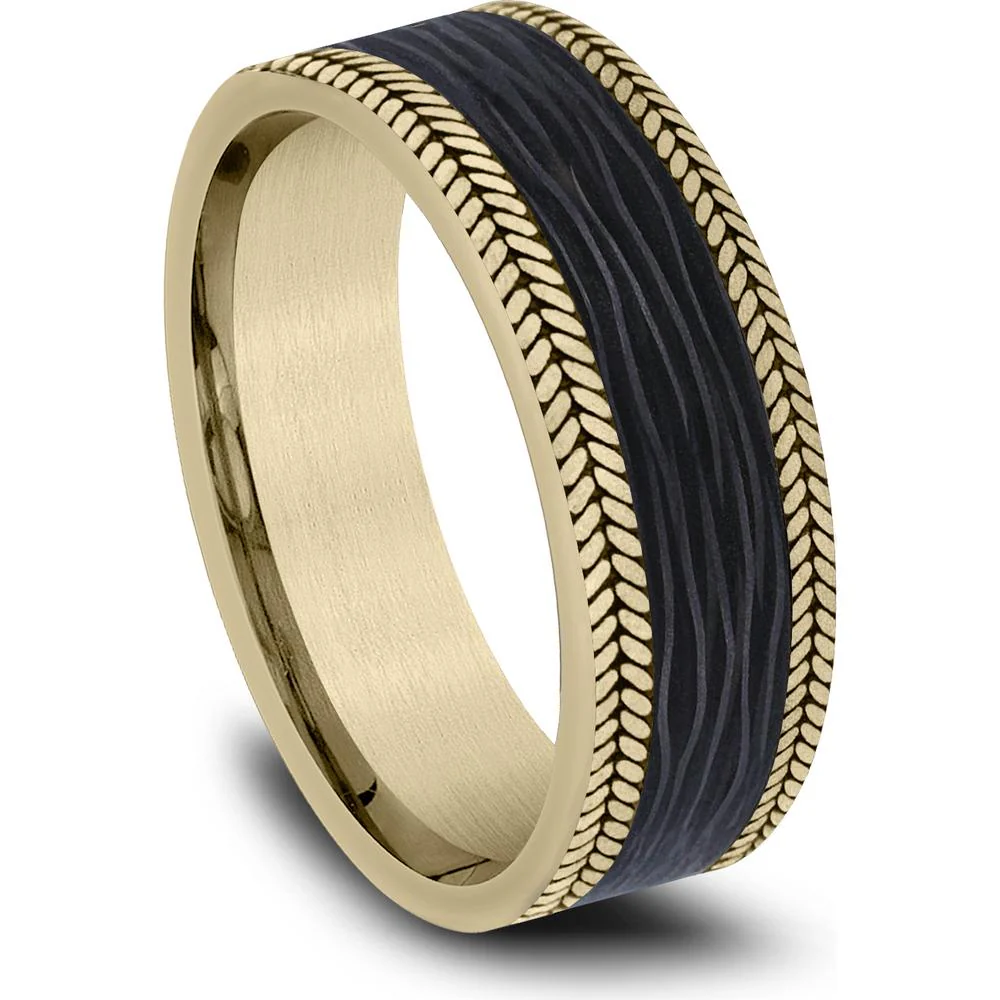 The Flare Men's Wedding Band in 14K Yellow Gold and Forged Carbon Fiber - 7mm Width by Ammara Stone - Image 2