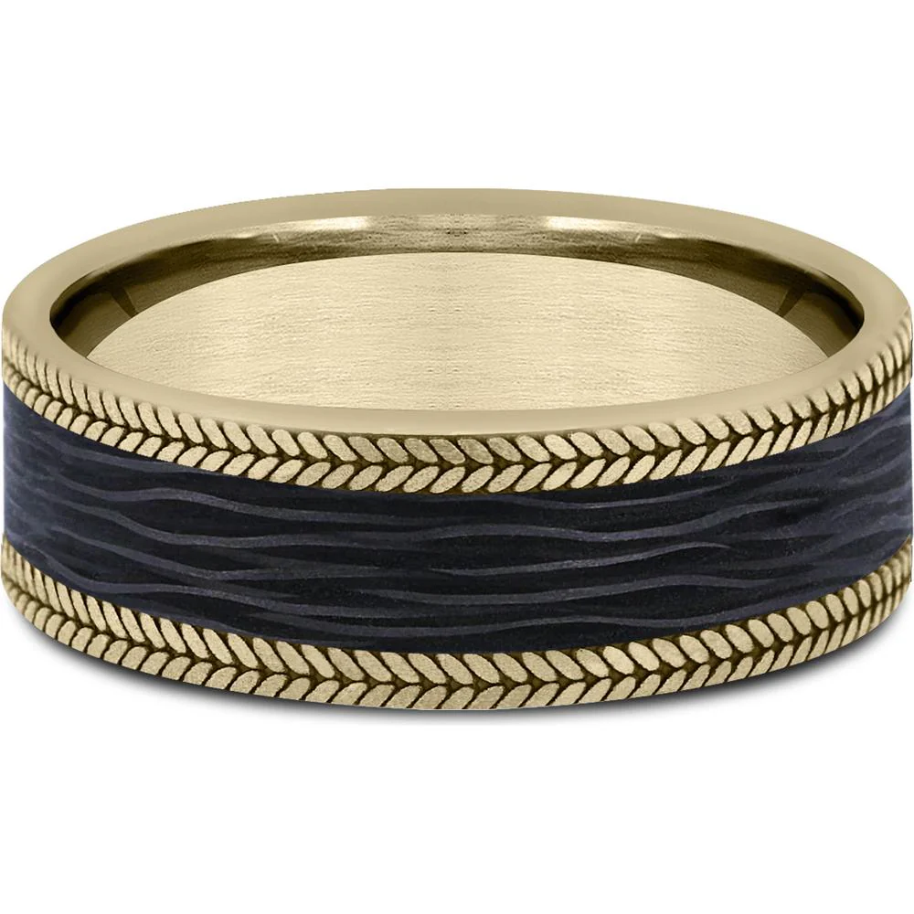 The Flare Men's Wedding Band in 14K Yellow Gold and Forged Carbon Fiber - 7mm Width by Ammara Stone - Image 3