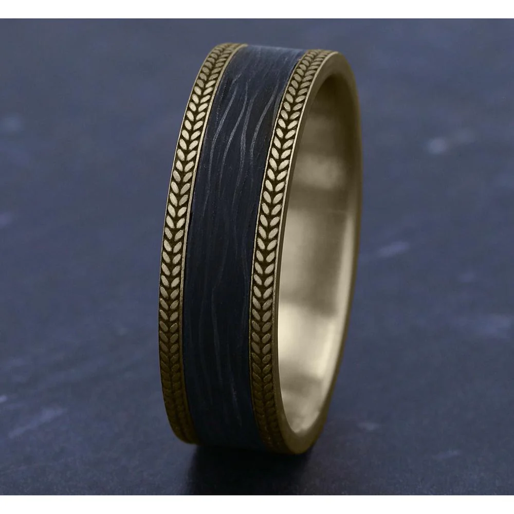 The Flare Men's Wedding Band in 14K Yellow Gold and Forged Carbon Fiber - 7mm Width by Ammara Stone - Image 4