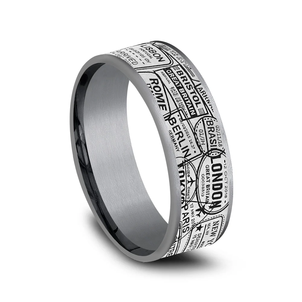 The Globetrotter Men's Wedding Band in Grey Tantalum and Grey/Black Titanium - 7.5mm Width by Tantalum - Image 2